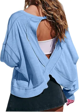 Womens Oversized Open Back Sweatshirts Long Sleeve Backless Shirts Cropped Off The Shoulder Crewneck Workout Tops