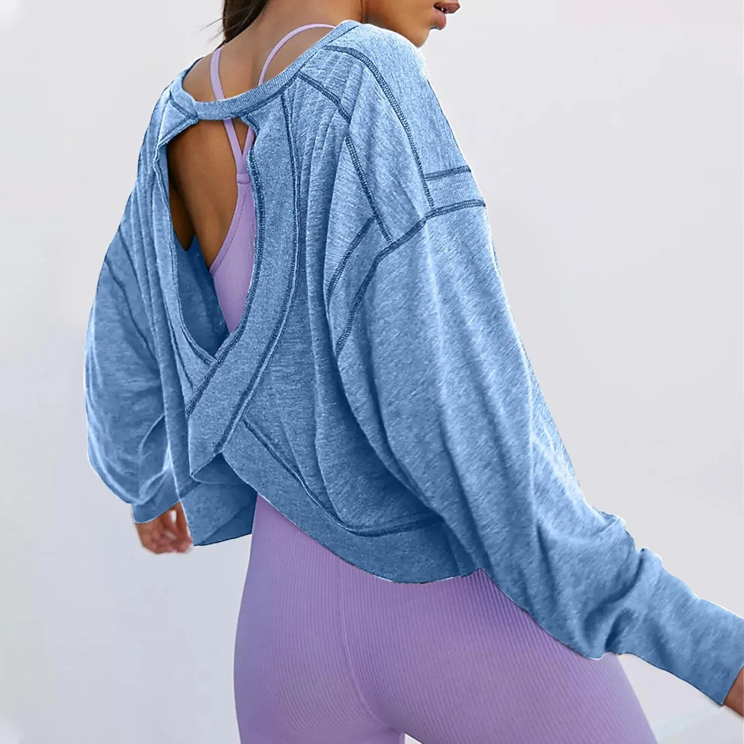 Womens Oversized Open Back Sweatshirts Long Sleeve Backless Shirts Cropped Off The Shoulder Crewneck Workout Tops