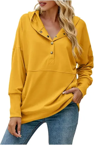 Women's Oversized Sweatshirt Hoodies Casual Long Sleeve Button V Neck Pullover Comfy Lightweight Tunic Tops Outfits
