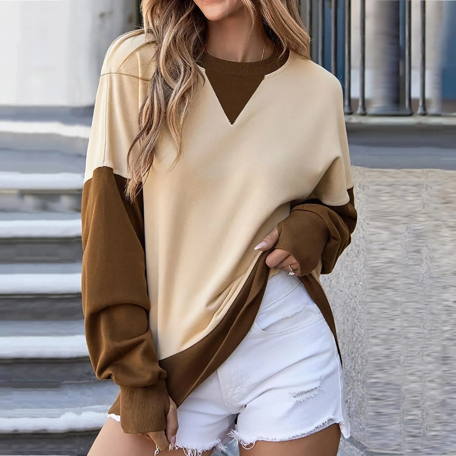 Women's Oversized Sweatshirts Trendy Crewneck Long Sleeve Pullover Casual Color Block Fall Fashion Tops Winter Comfy Clothes