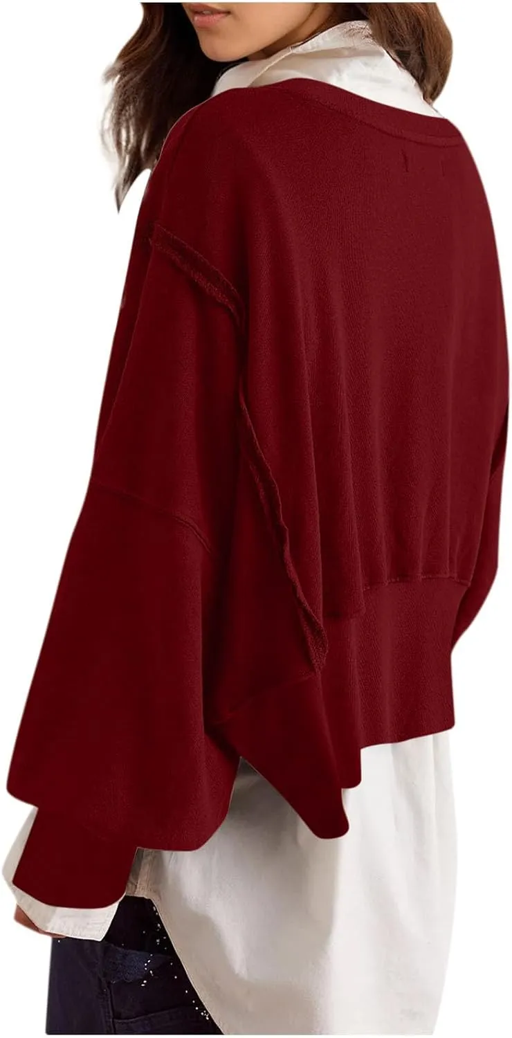 Womens Oversized Sweatshirts Trendy, Cropped Crew Neck Sweatshirts Exposed Seam Loose Tunic Tops Fall Clothes 2025