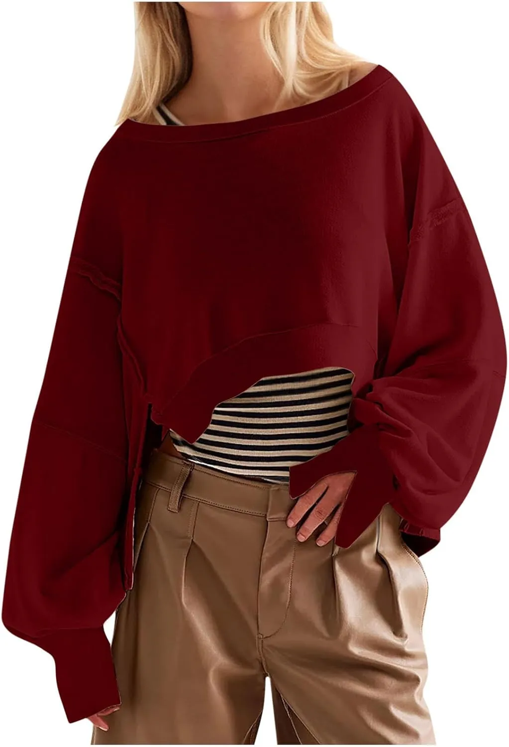Womens Oversized Sweatshirts Trendy, Cropped Crew Neck Sweatshirts Exposed Seam Loose Tunic Tops Fall Clothes 2025