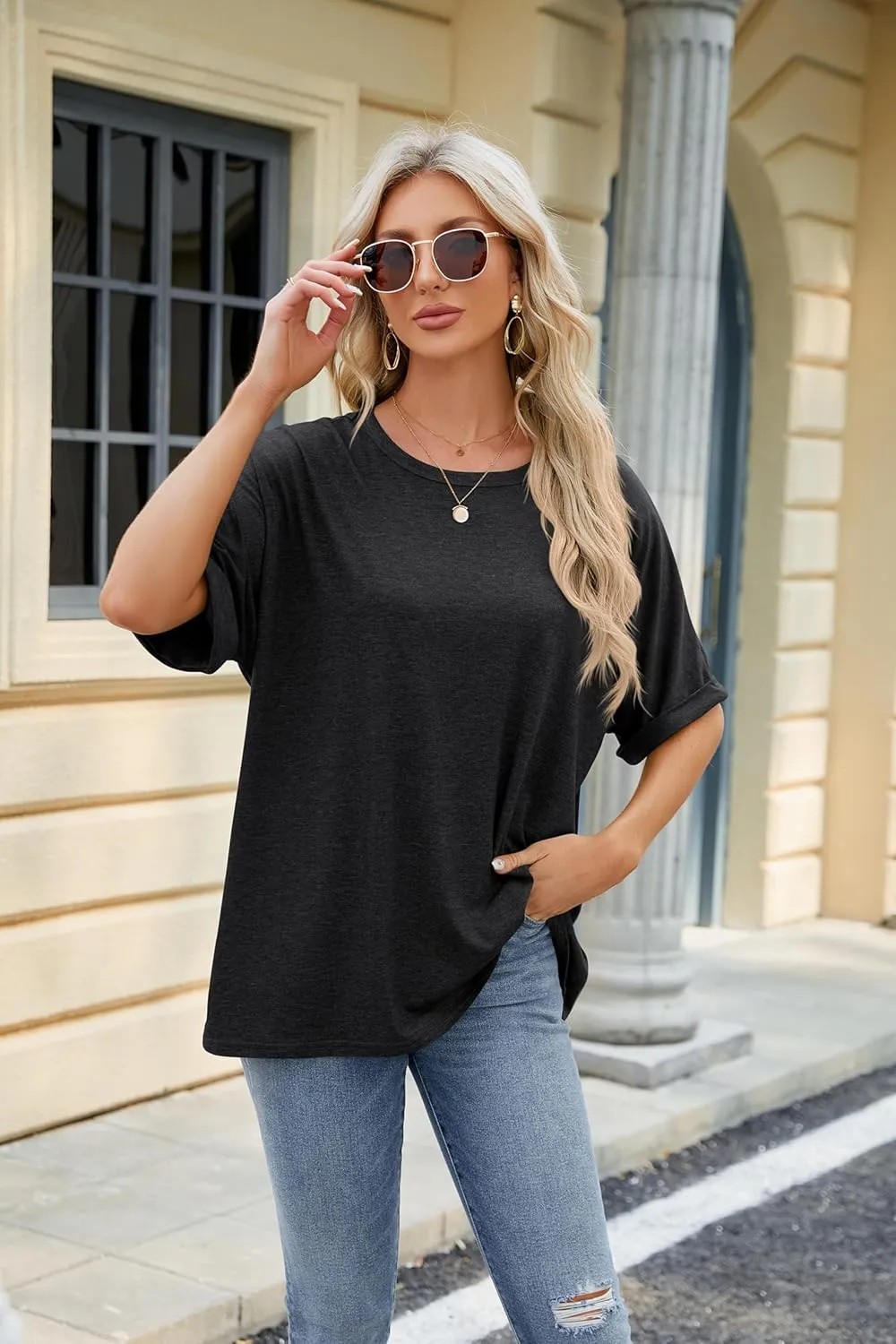 Women's Oversized T Shirts Loose Fit Tunic Tshirts Casual Summer Short Sleeve Tops Basic Tees