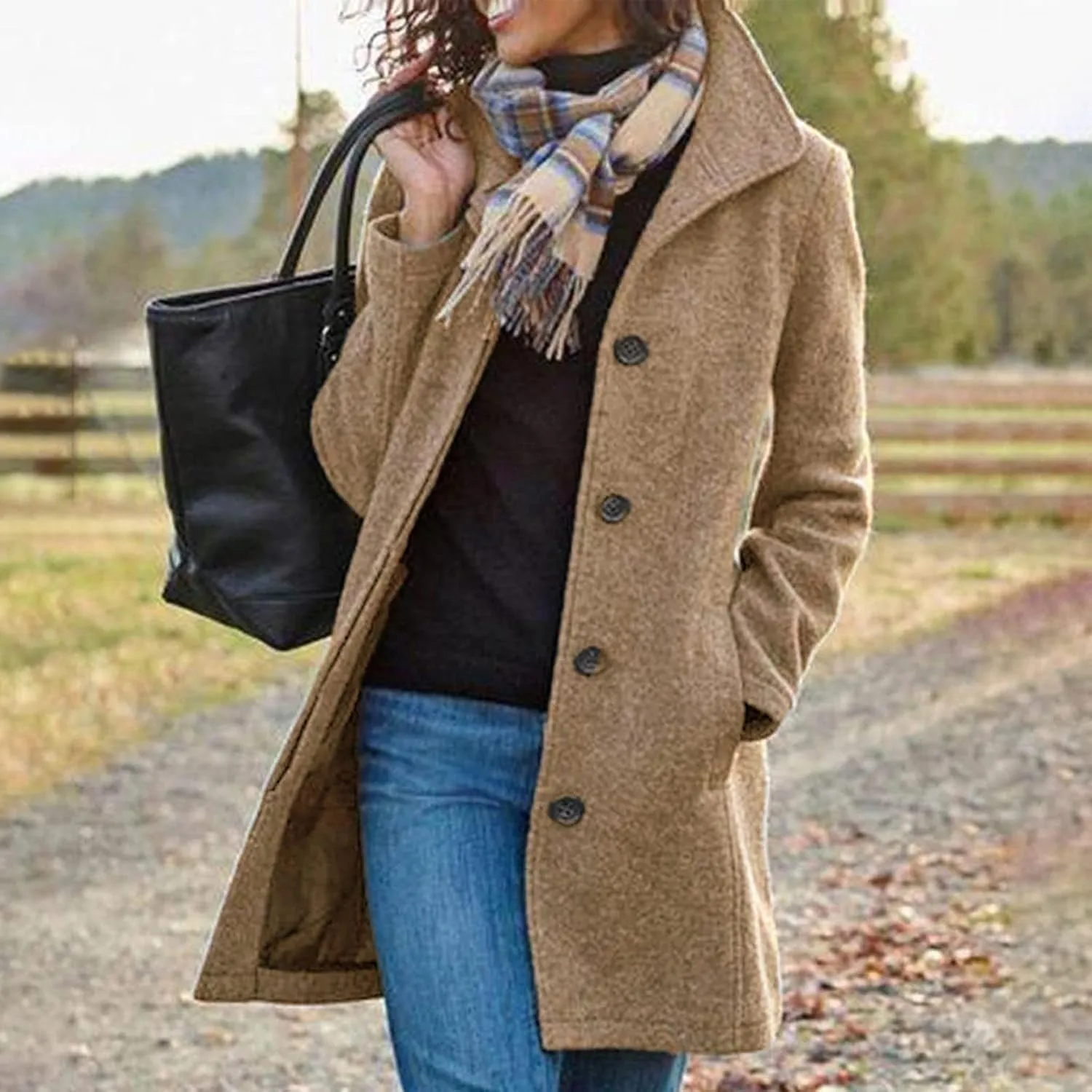 Womens Pea Coat Winter Wool Blend Single Breasted Stand Collar Casual Trench Coat Overcoat Open Front Lapel Jackets