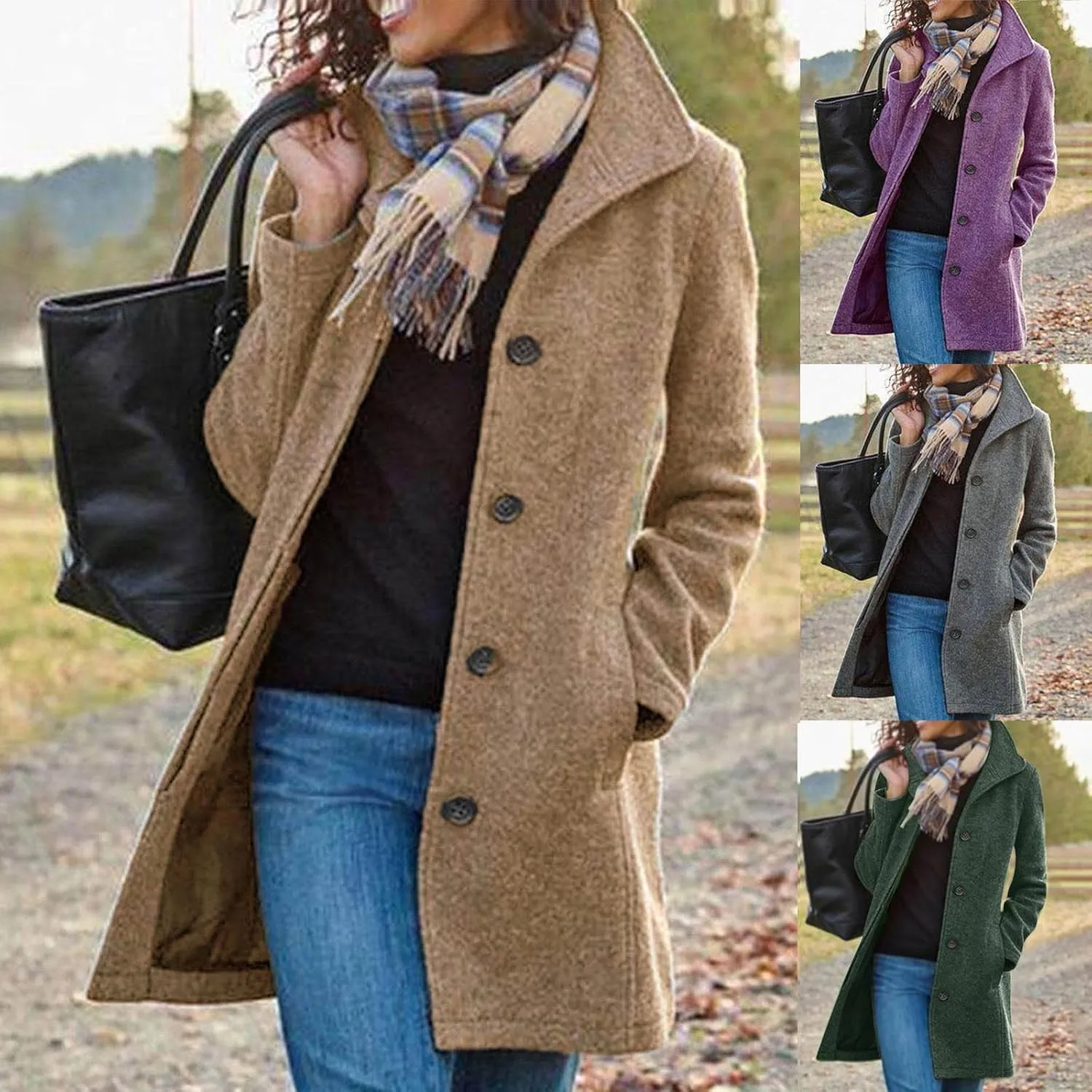Womens Pea Coat Winter Wool Blend Single Breasted Stand Collar Casual Trench Coat Overcoat Open Front Lapel Jackets