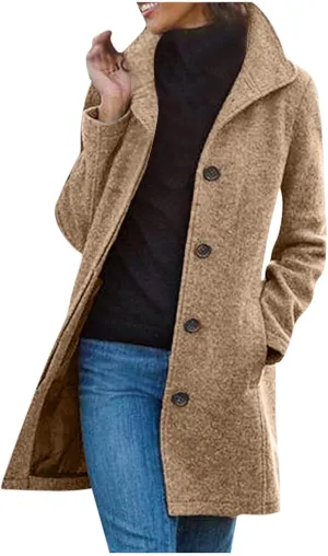 Womens Pea Coat Winter Wool Blend Single Breasted Stand Collar Casual Trench Coat Overcoat Open Front Lapel Jackets