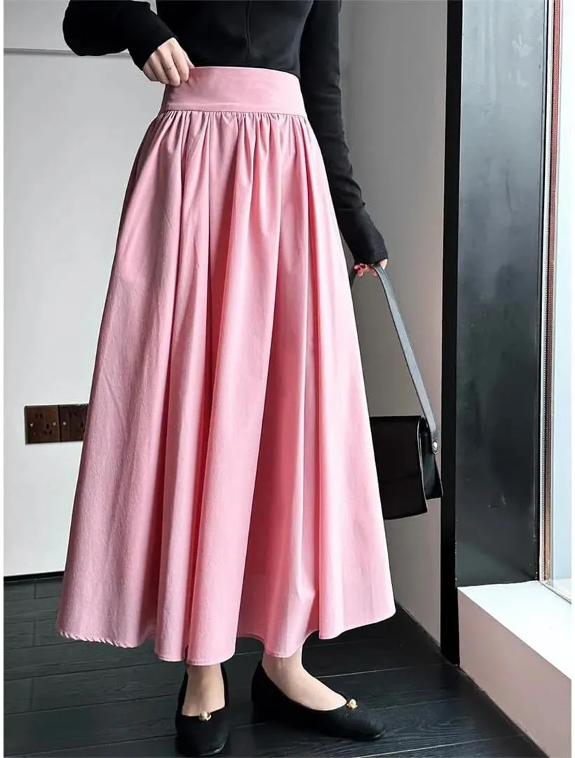 Women's Pink Color A-Line Pleated Skirts Loose Fit White High Waist Romantic Skirts