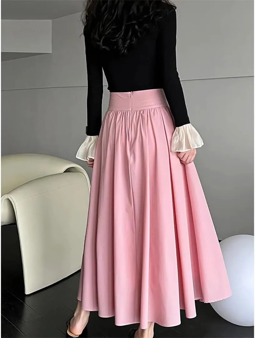 Women's Pink Color A-Line Pleated Skirts Loose Fit White High Waist Romantic Skirts