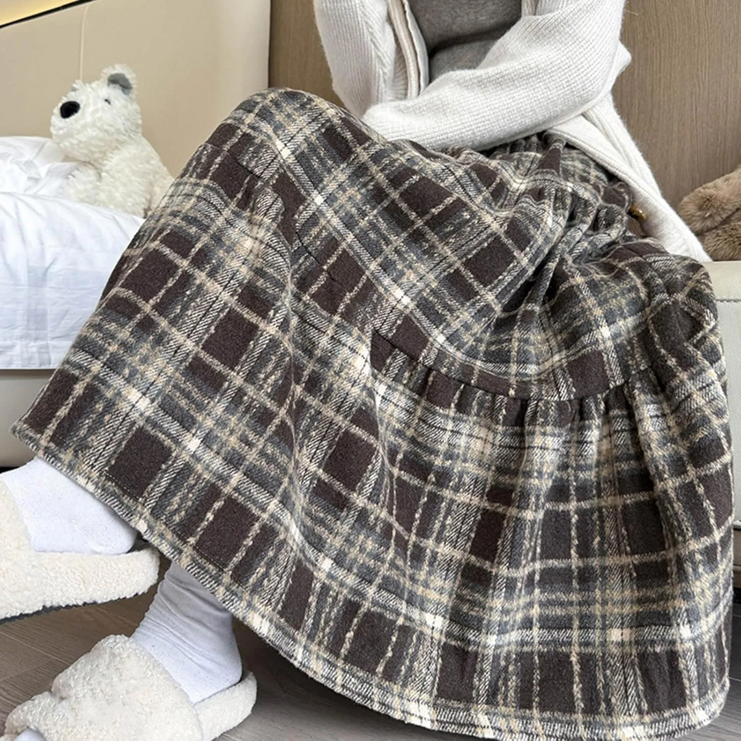 Women's Plaid Skirt Elastic Waist A-line Midi Pleated Skirts 2025 Trendy Ruffle Swing Skirt Casual Loose Long Skirts