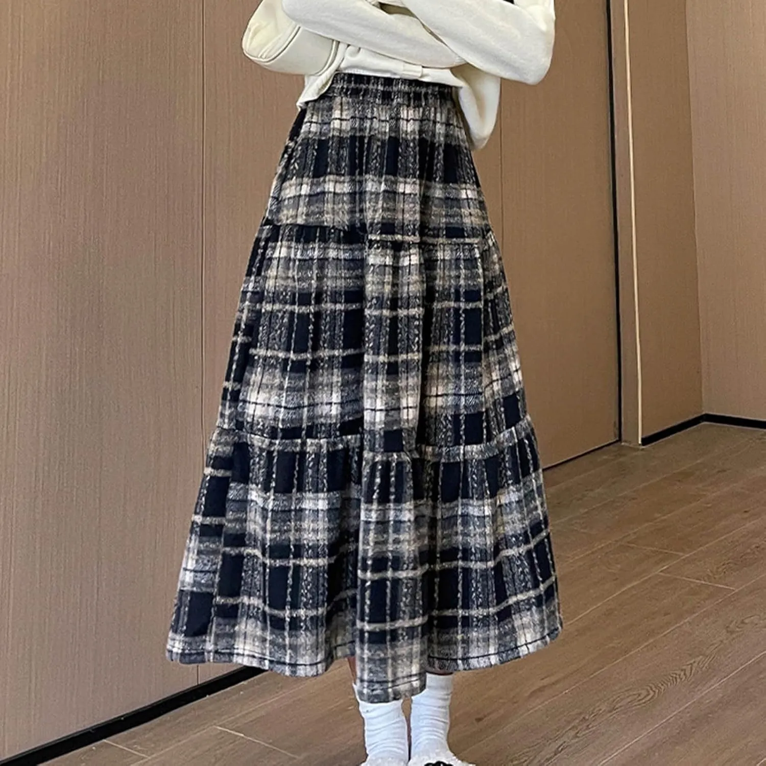 Women's Plaid Skirt Elastic Waist A-line Midi Pleated Skirts 2025 Trendy Ruffle Swing Skirt Casual Loose Long Skirts