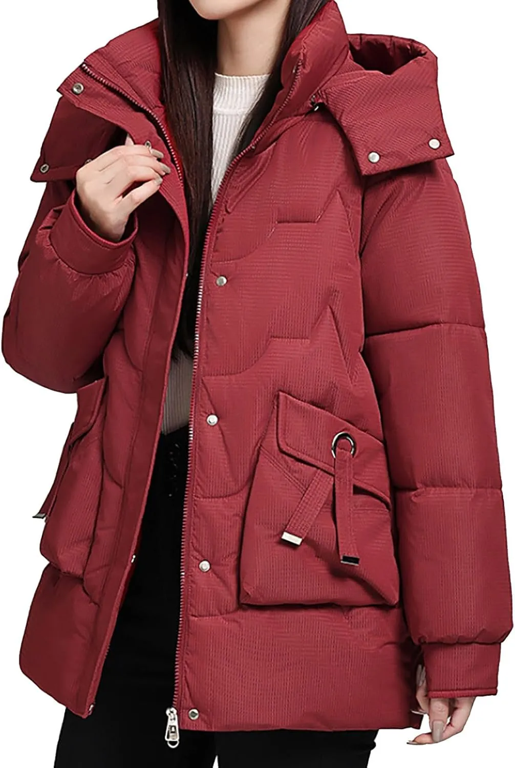Womens Puffer Jacket with Hood Oversized Down Jacket Zip up Padded Coat Quilted Insulated Jacket Fashion Outerwear