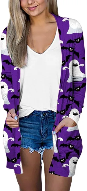 Women's Pumpkin Print Halloween Cardigan Long Sleeve Open Front Cardigan Sweaters Rib Knit Chunky Outwear Winter Coats