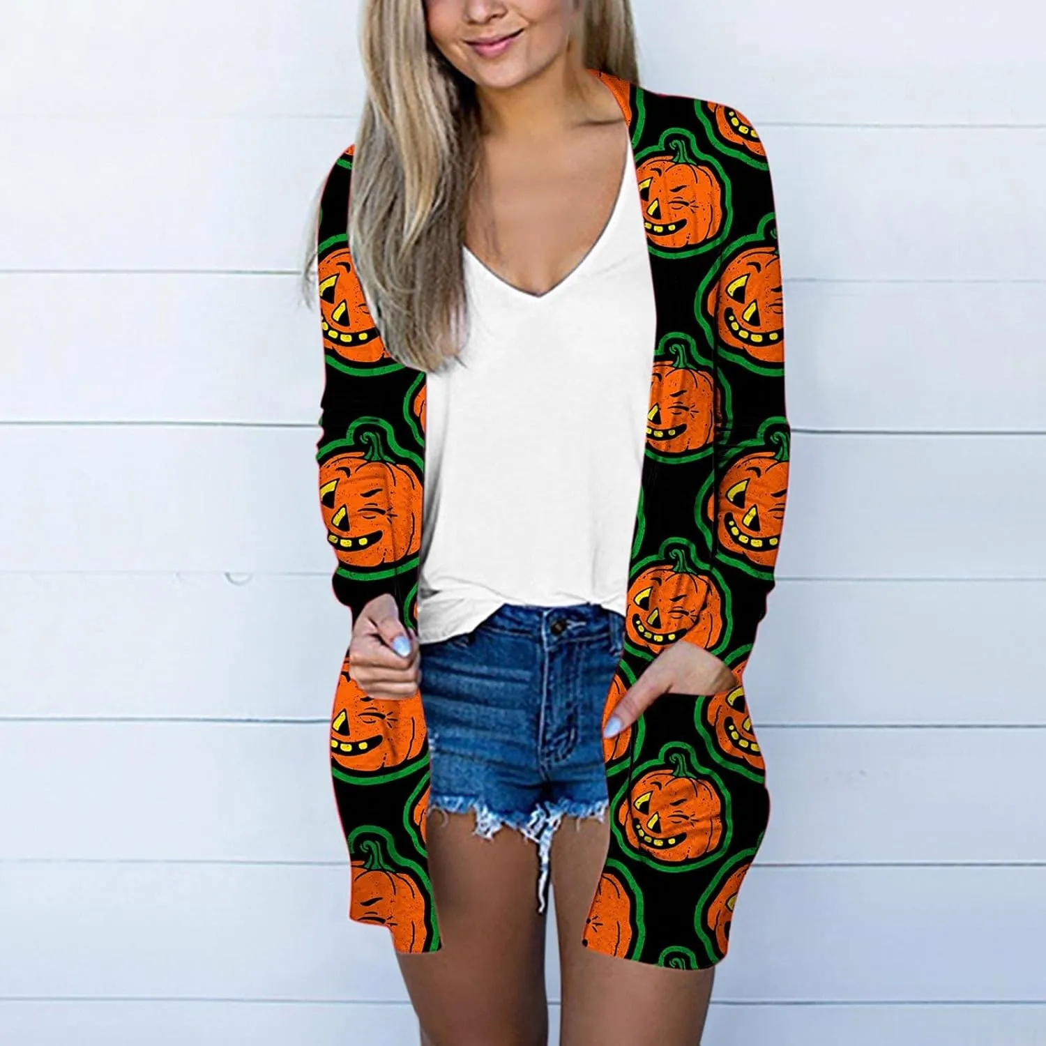 Women's Pumpkin Print Halloween Cardigan Long Sleeve Open Front Cardigan Sweaters Rib Knit Chunky Outwear Winter Coats