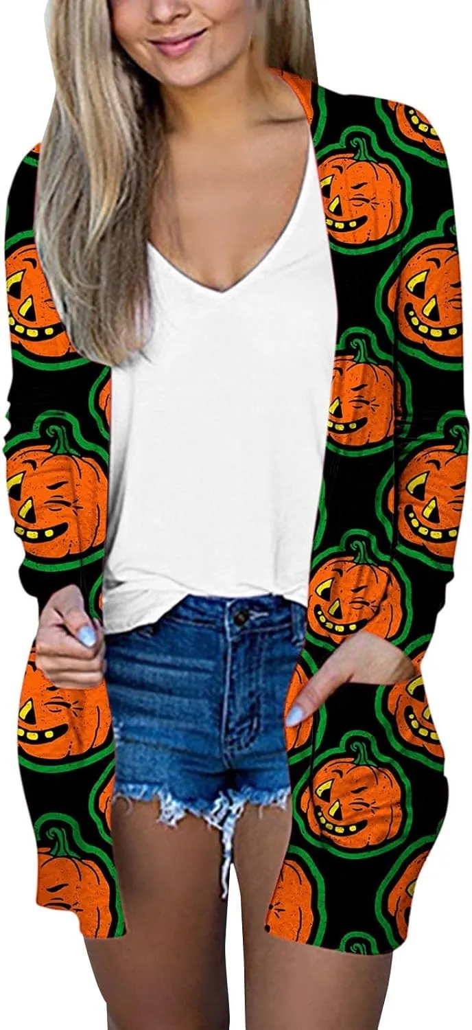 Women's Pumpkin Print Halloween Cardigan Long Sleeve Open Front Cardigan Sweaters Rib Knit Chunky Outwear Winter Coats