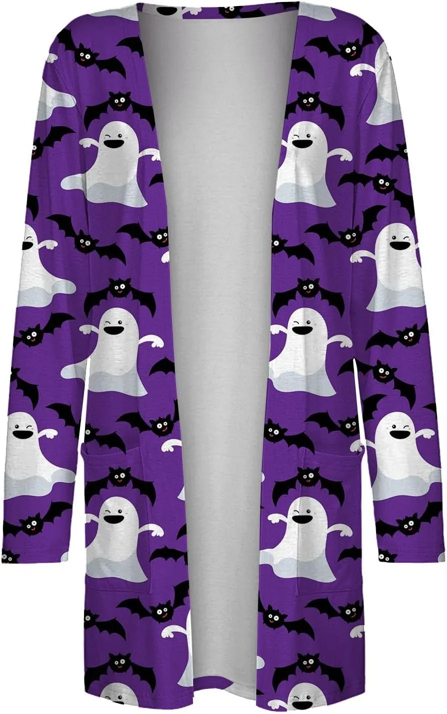 Women's Pumpkin Print Halloween Cardigan Long Sleeve Open Front Cardigan Sweaters Rib Knit Chunky Outwear Winter Coats