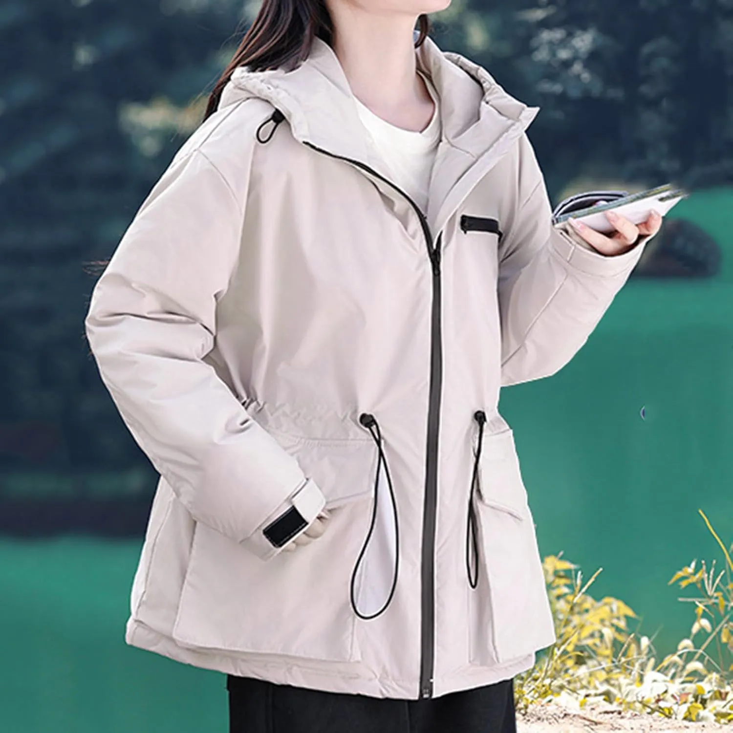 Womens Quilted Puffer Jacket with Hood Winter Long Sleeve Down Coat Zipper Parkas Drawstring Outerwear with Pockets