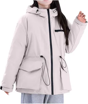 Womens Quilted Puffer Jacket with Hood Winter Long Sleeve Down Coat Zipper Parkas Drawstring Outerwear with Pockets