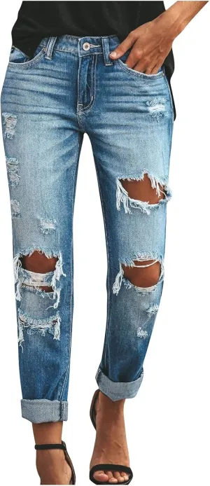 Women's Ripped Boyfriend Jeans Mid Rise Loose Fit Distressed Denim Pants Stretchy Destroyed Jeans with Hole