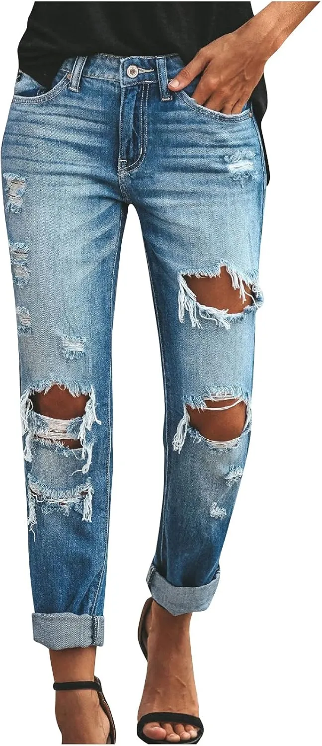 Women's Ripped Boyfriend Jeans Mid Rise Loose Fit Distressed Denim Pants Stretchy Destroyed Jeans with Hole