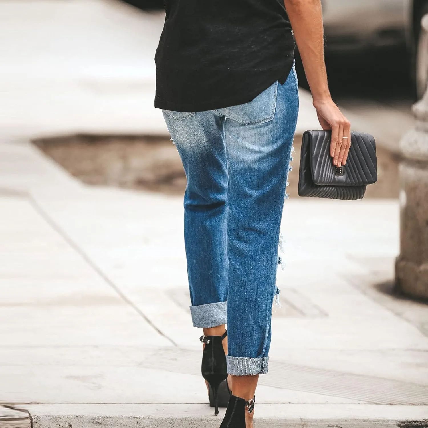 Women's Ripped Boyfriend Jeans Mid Rise Loose Fit Distressed Denim Pants Stretchy Destroyed Jeans with Hole