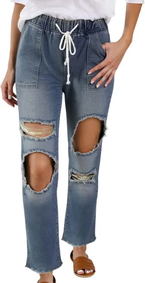 Womens Ripped Casual Jeans High Waisted Straight Leg Stretch Drawstring Jeans Relaxed Fit Casual Fashion Denim Pants