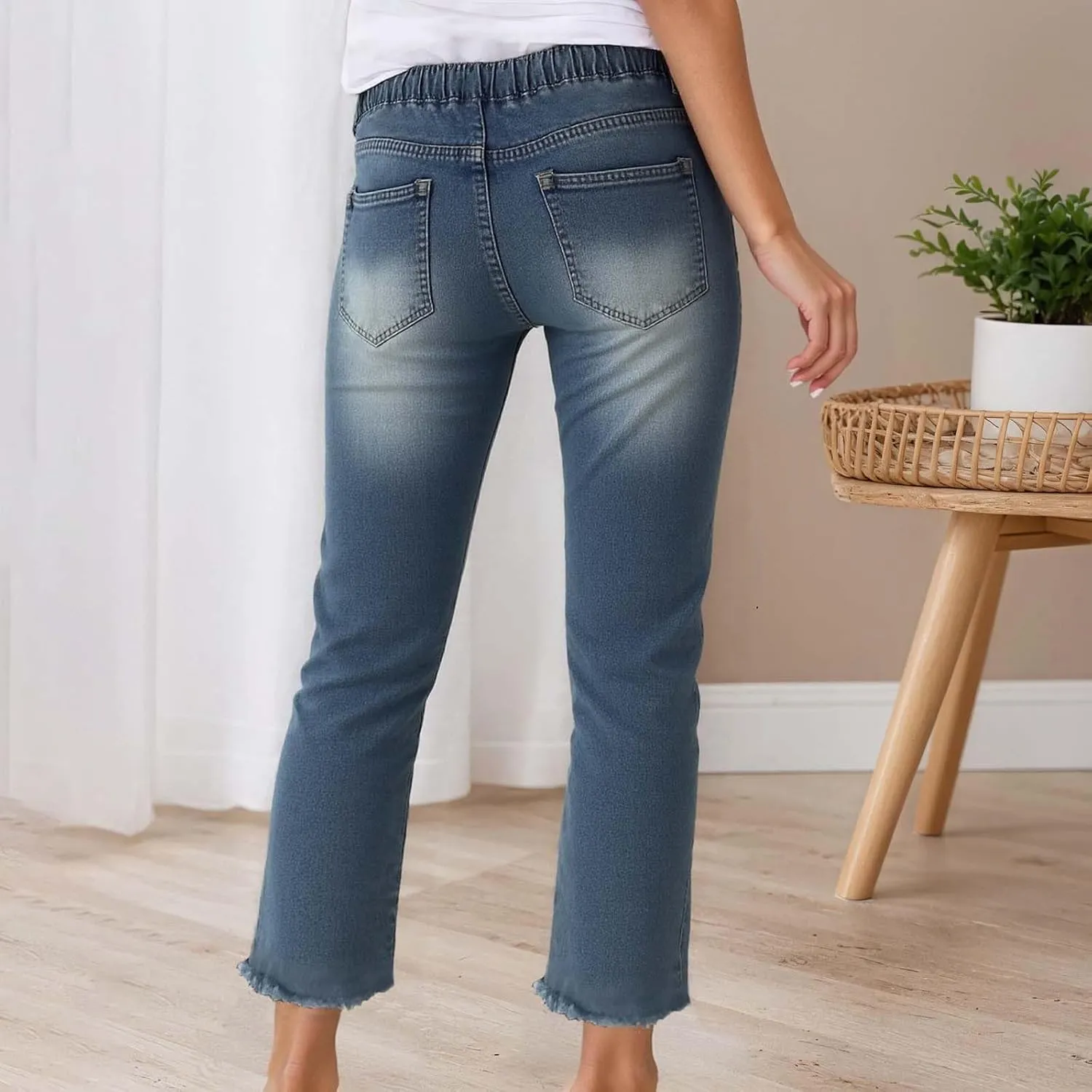 Womens Ripped Casual Jeans High Waisted Straight Leg Stretch Drawstring Jeans Relaxed Fit Casual Fashion Denim Pants