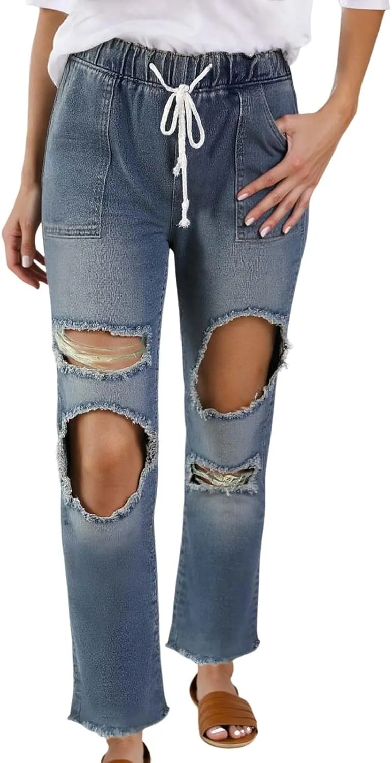 Womens Ripped Casual Jeans High Waisted Straight Leg Stretch Drawstring Jeans Relaxed Fit Casual Fashion Denim Pants