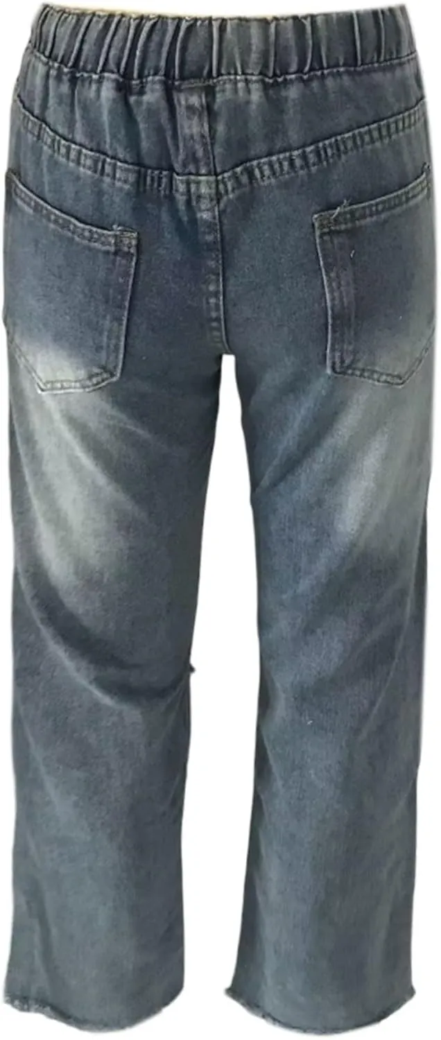 Womens Ripped Casual Jeans High Waisted Straight Leg Stretch Drawstring Jeans Relaxed Fit Casual Fashion Denim Pants