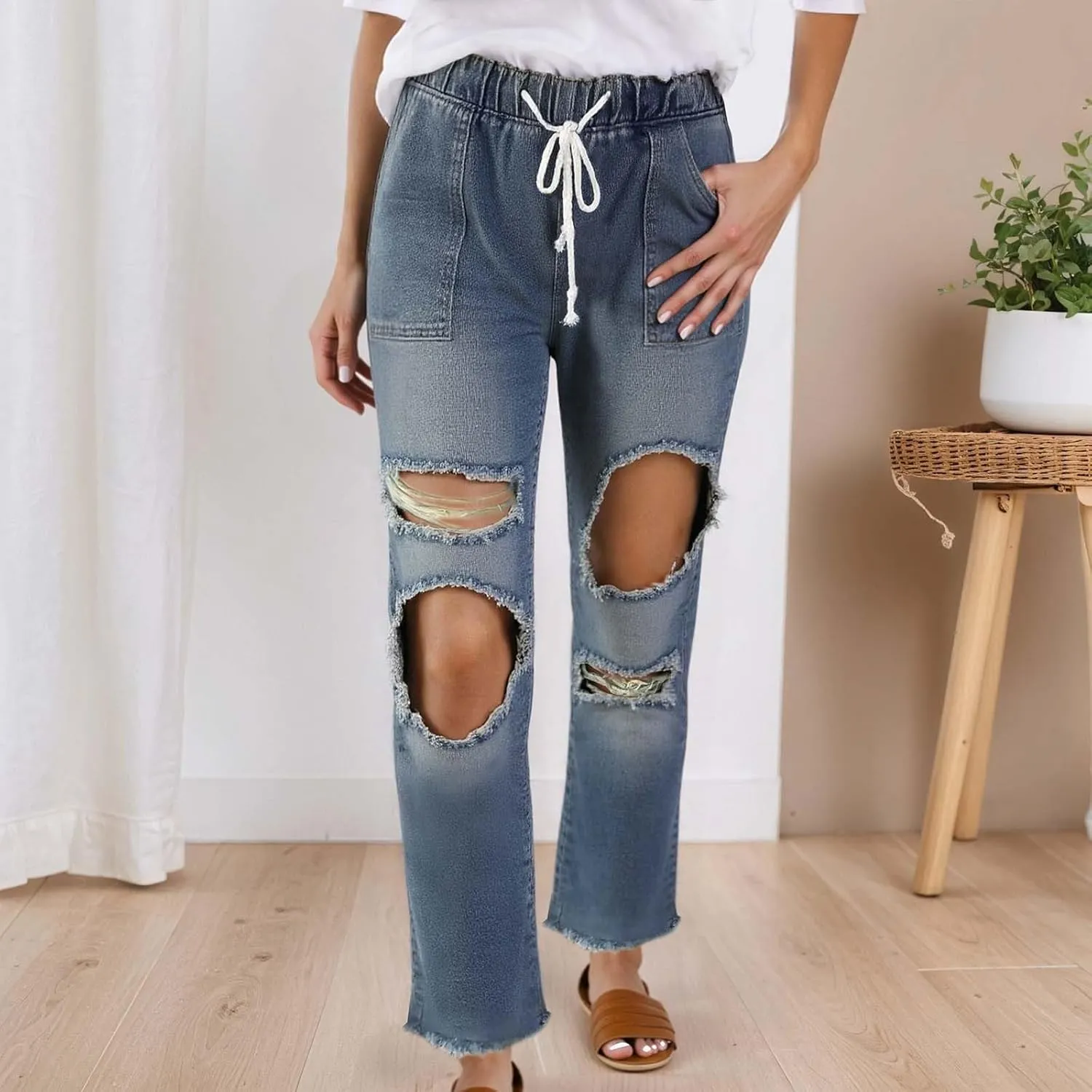 Womens Ripped Casual Jeans High Waisted Straight Leg Stretch Drawstring Jeans Relaxed Fit Casual Fashion Denim Pants