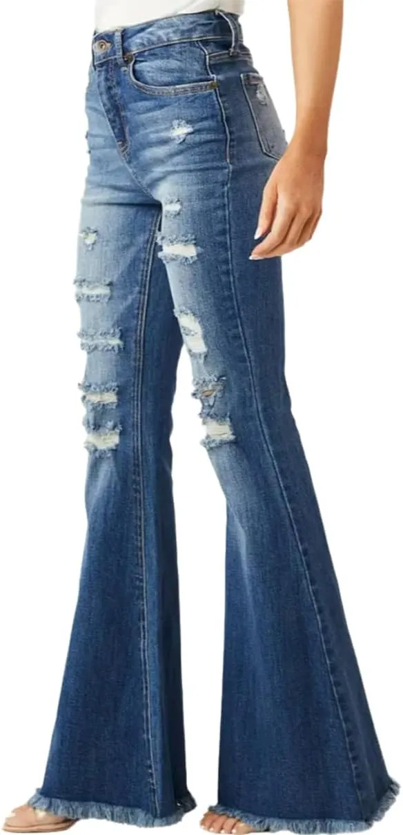 Women's Ripped High Waisted Bell Bottom Jeans Stretch Fit Frayed Raw Hem Casual Wide Leg Denim Pants