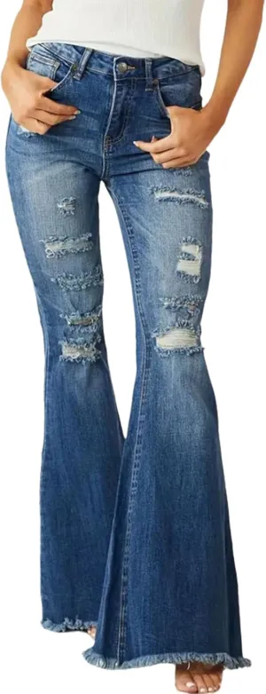 Women's Ripped High Waisted Bell Bottom Jeans Stretch Fit Frayed Raw Hem Casual Wide Leg Denim Pants
