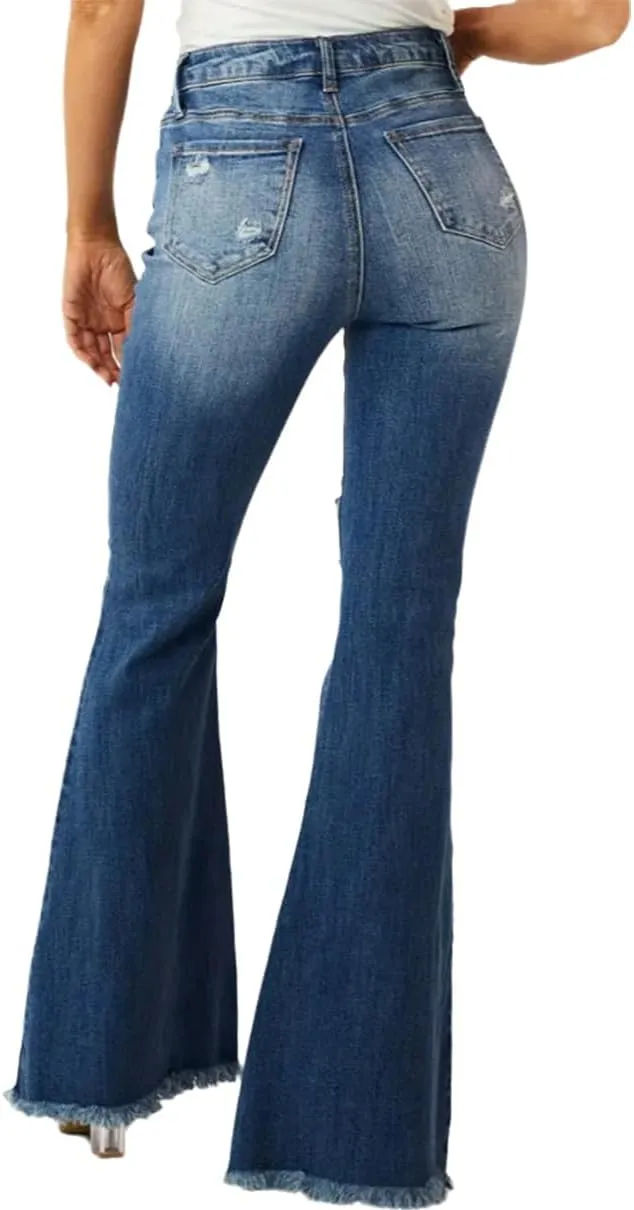 Women's Ripped High Waisted Bell Bottom Jeans Stretch Fit Frayed Raw Hem Casual Wide Leg Denim Pants