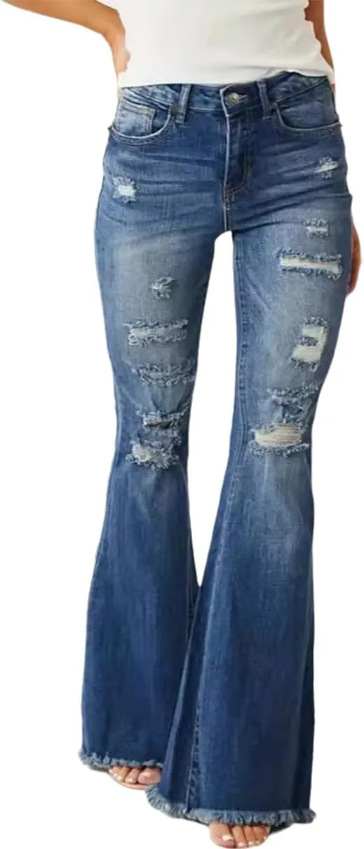 Women's Ripped High Waisted Bell Bottom Jeans Stretch Fit Frayed Raw Hem Casual Wide Leg Denim Pants