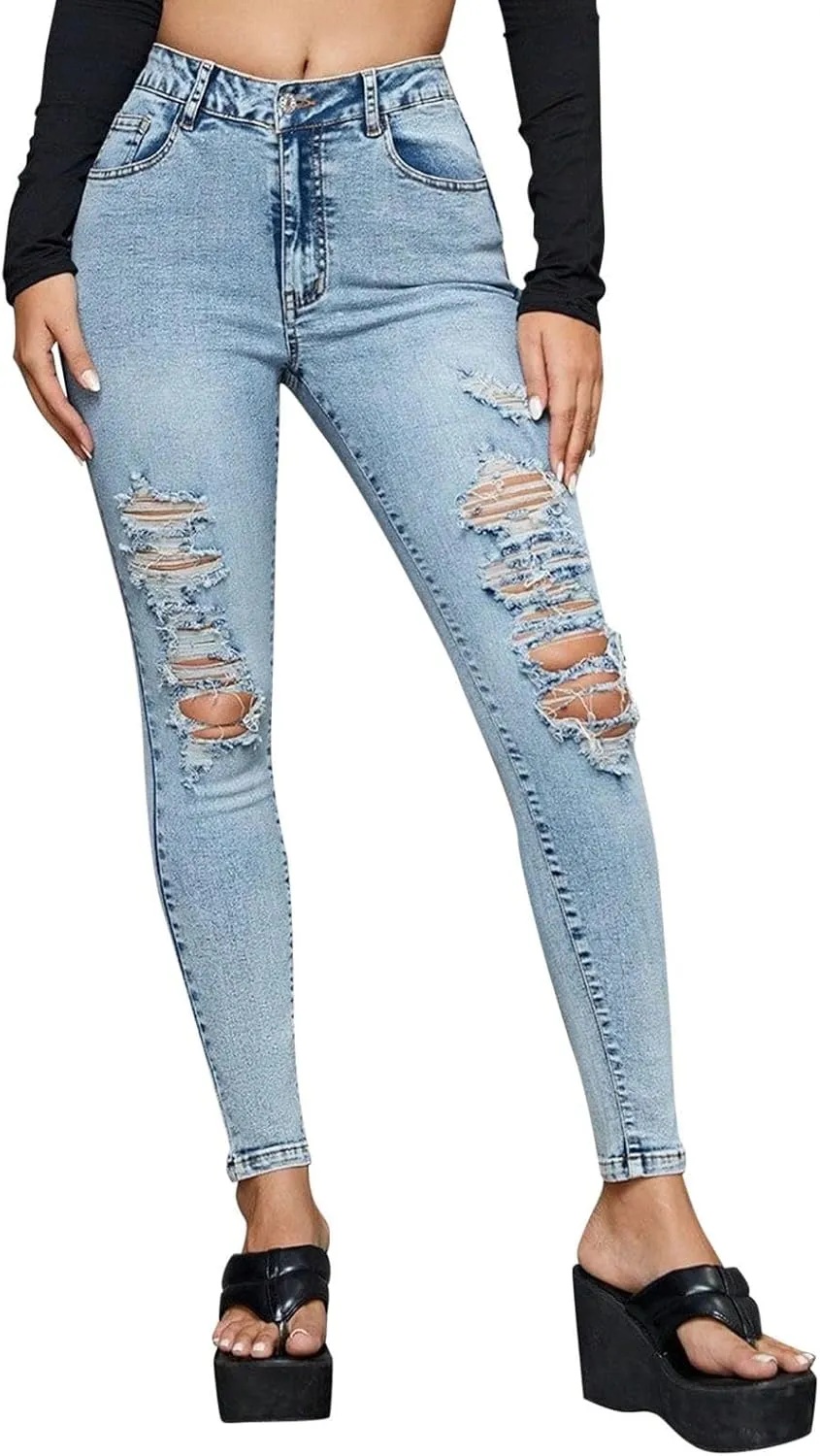 Women's Ripped Jeans Trendy Stretchy High Waisted Skinny Fit Distressed Control Casual Denim Jeans for Women