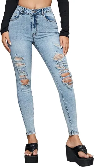 Women's Ripped Jeans Trendy Stretchy High Waisted Skinny Fit Distressed Control Casual Denim Jeans for Women