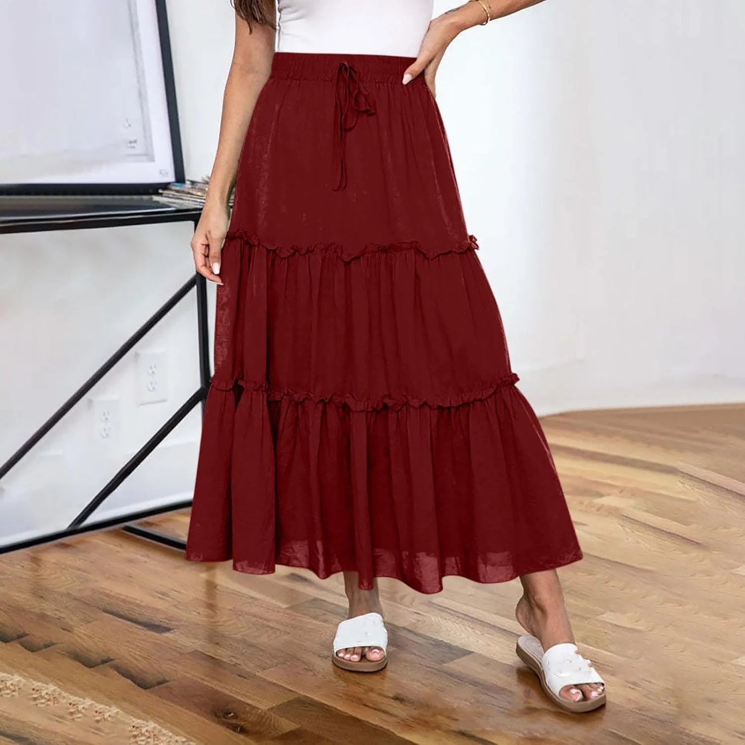 Women's Ruffle Drawstring Waist Maxi Skirts 2025 Summer Vacation Dresses Flowy Boho Long A Line Pleated Beach Skirt