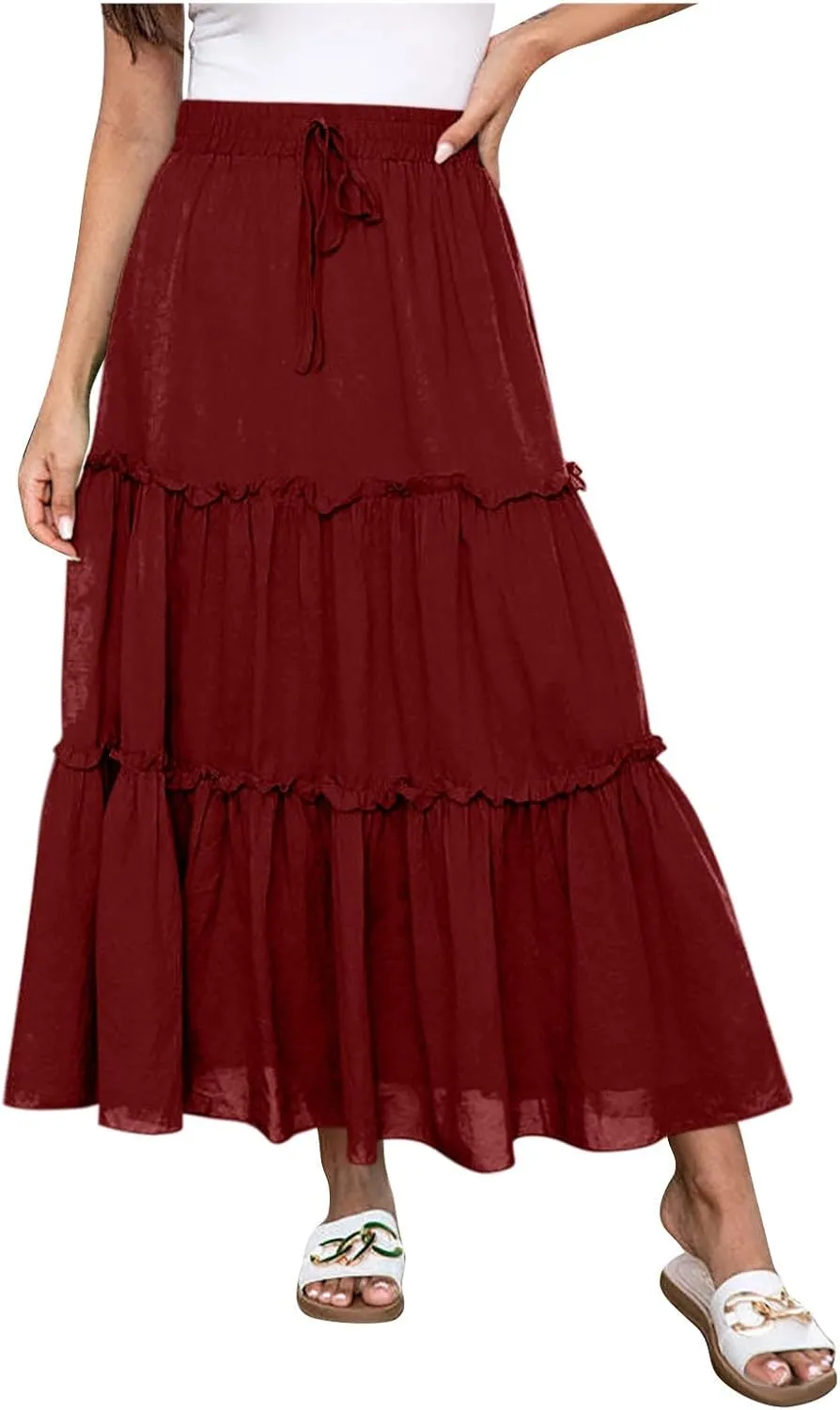 Women's Ruffle Drawstring Waist Maxi Skirts 2025 Summer Vacation Dresses Flowy Boho Long A Line Pleated Beach Skirt