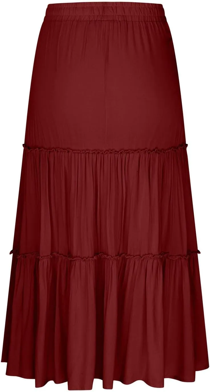 Women's Ruffle Drawstring Waist Maxi Skirts 2025 Summer Vacation Dresses Flowy Boho Long A Line Pleated Beach Skirt
