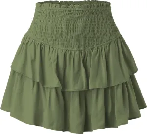 Women's Ruffle Tiered Mini Skirts Casual Smocked High Waisted Pleated Short Skirt Summer Flowy Lightweight Beach Skirt