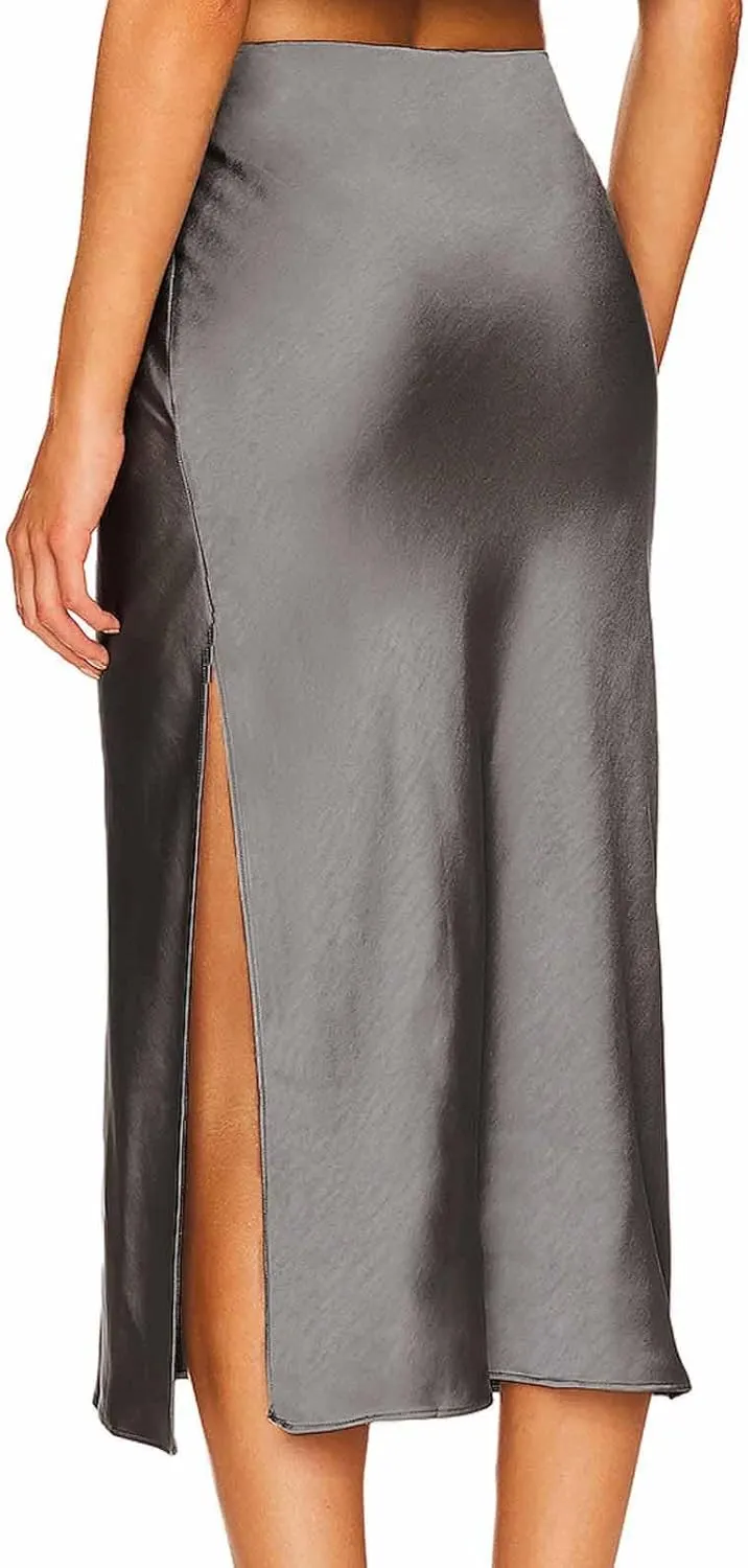 Womens Satin Maxi Slit Skirt Silk Summer High Waisted A-Line Long Skirts Business Casual Cocktail Party Skirt