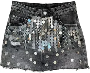 Women's Sequins Denim Skirt Summer High Waist Wrap Hip Trendy Skirt with Breathable Lining