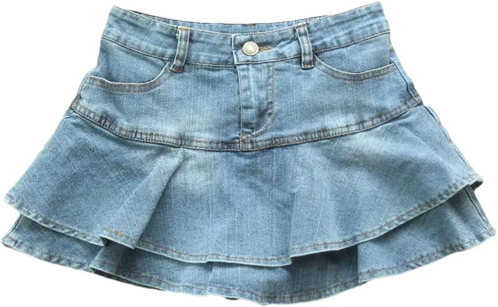 Women's Sexy Ruffle Pleated Denim Mini Skirts Y2K Low Waist A Line Summer Denim Skirts