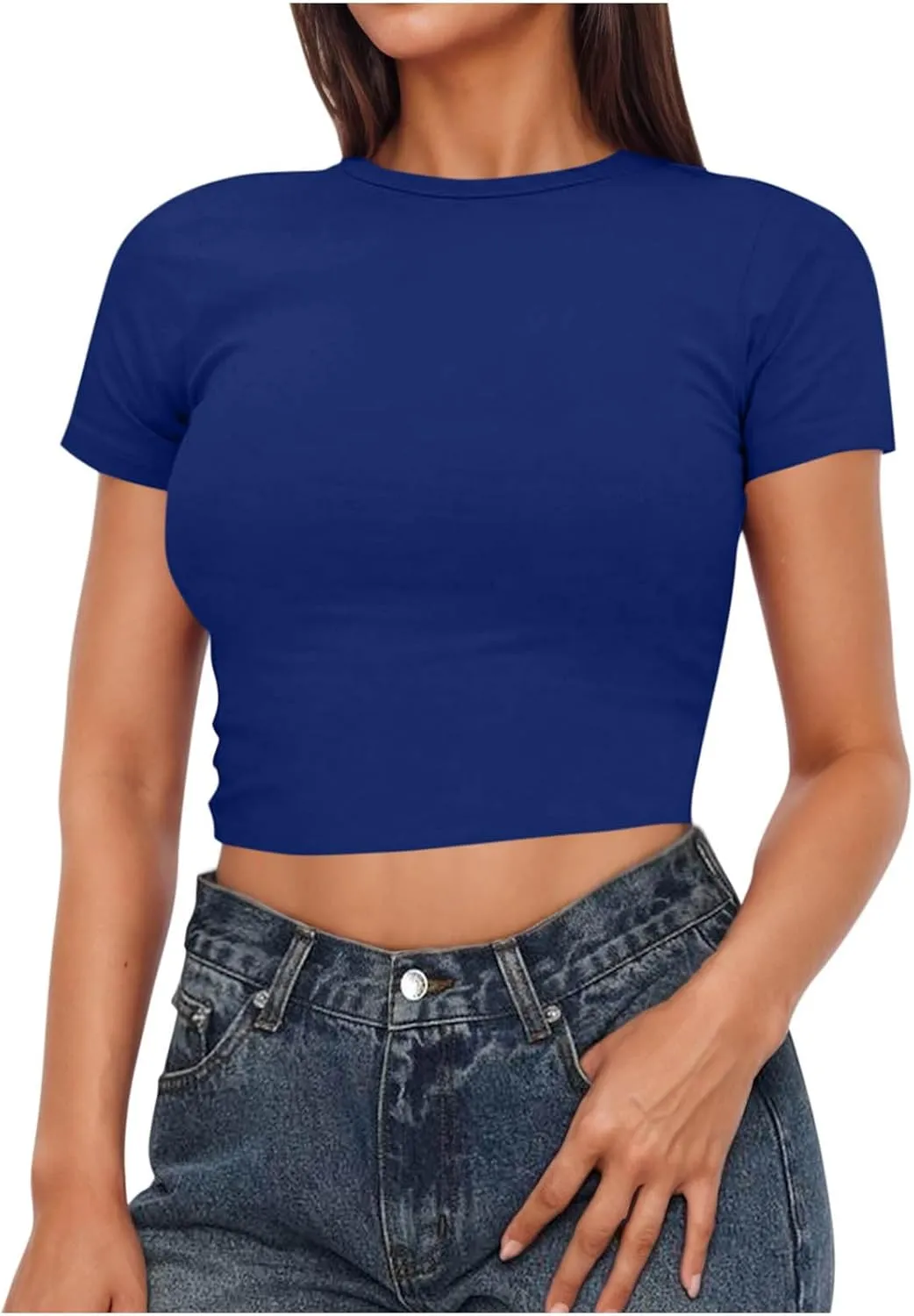 Womens Short Sleeve Crop Tops Basic T Shirts Scoop Neck Slim Fit Going Out Summer Tees Y2k Clothing 2025