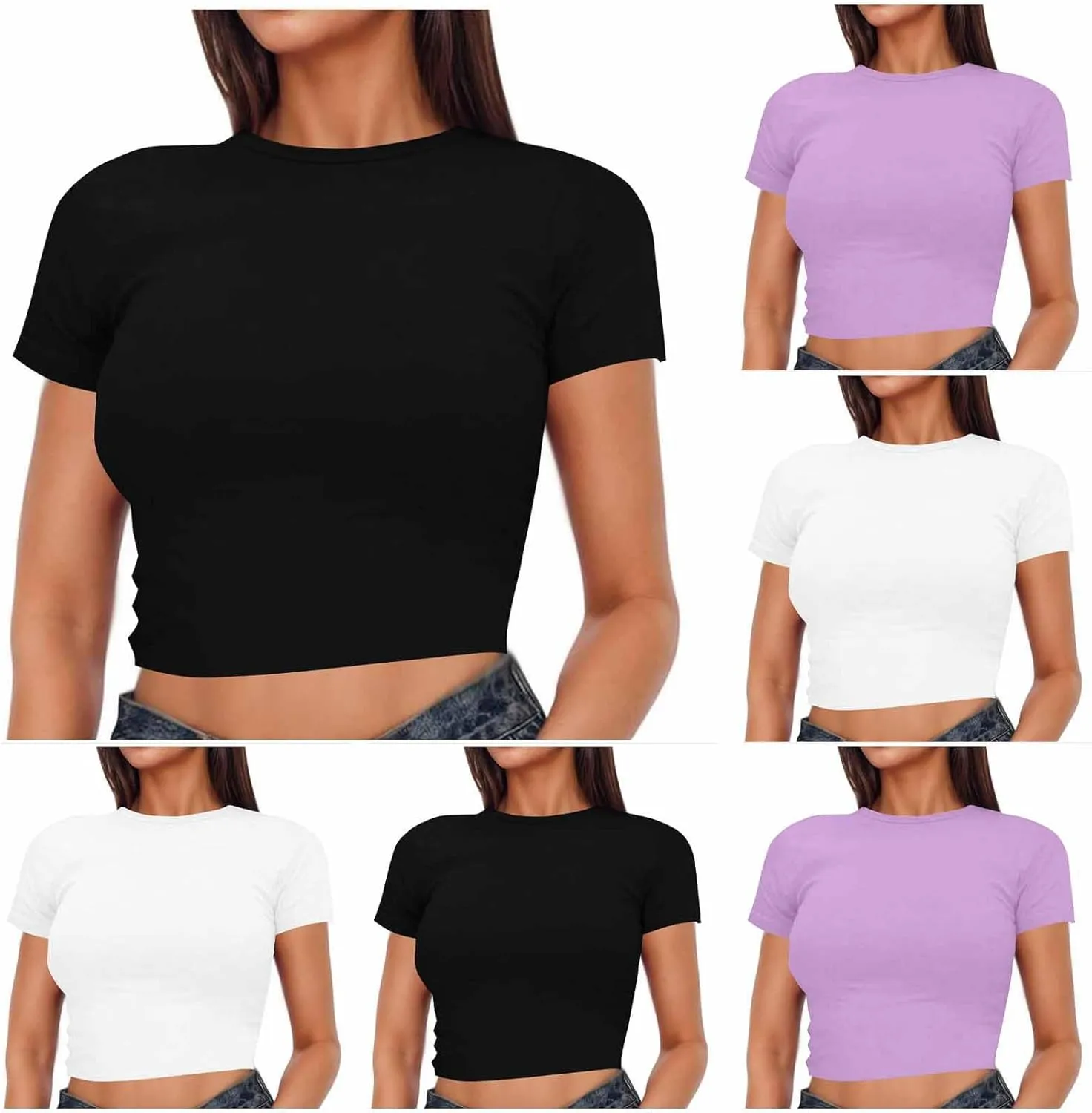 Womens Short Sleeve Crop Tops Basic T Shirts Scoop Neck Slim Fit Going Out Summer Tees Y2k Clothing 2025