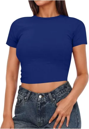 Womens Short Sleeve Crop Tops Basic T Shirts Scoop Neck Slim Fit Going Out Summer Tees Y2k Clothing 2025