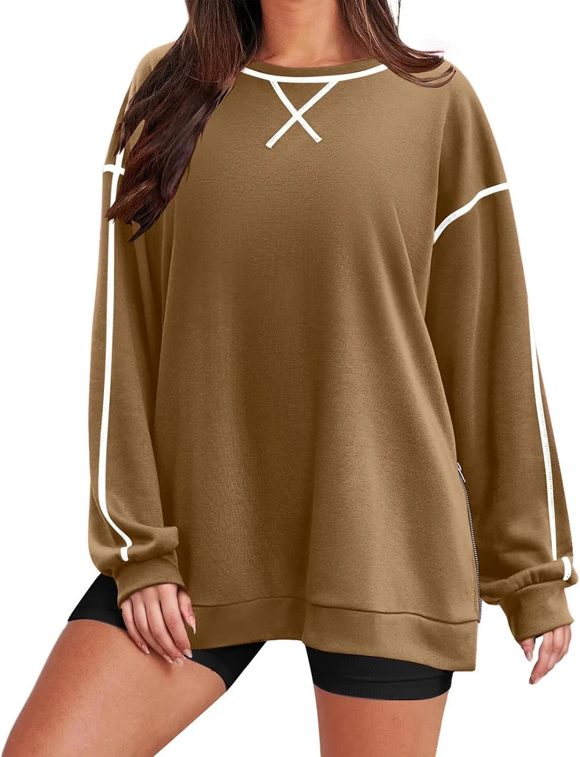 Women's Side Zipper Oversize Sweatshirts Crewneck Pullover Trendy Solid Color Long Sleeve Casual Soft Sweatshirt Tops