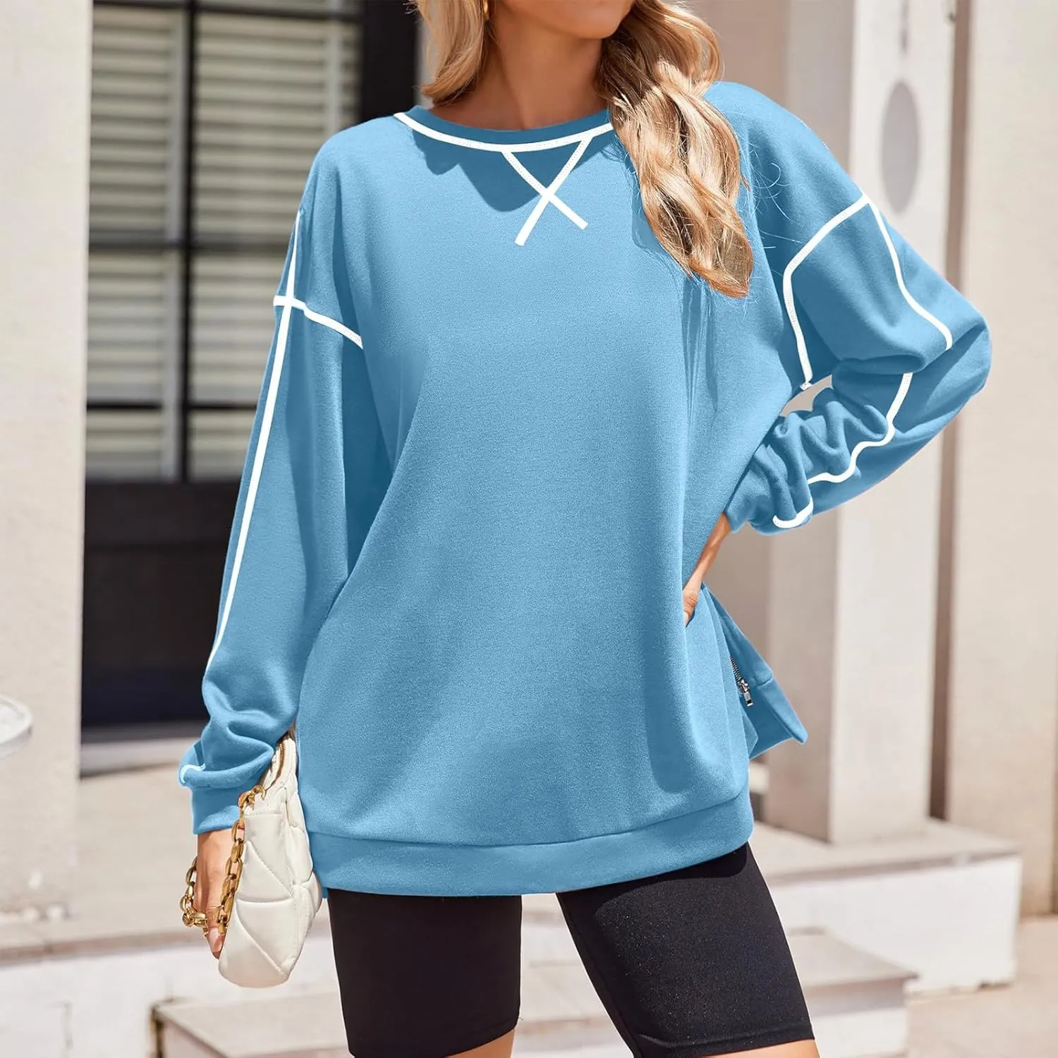 Women's Side Zipper Oversize Sweatshirts Crewneck Pullover Trendy Solid Color Long Sleeve Casual Soft Sweatshirt Tops