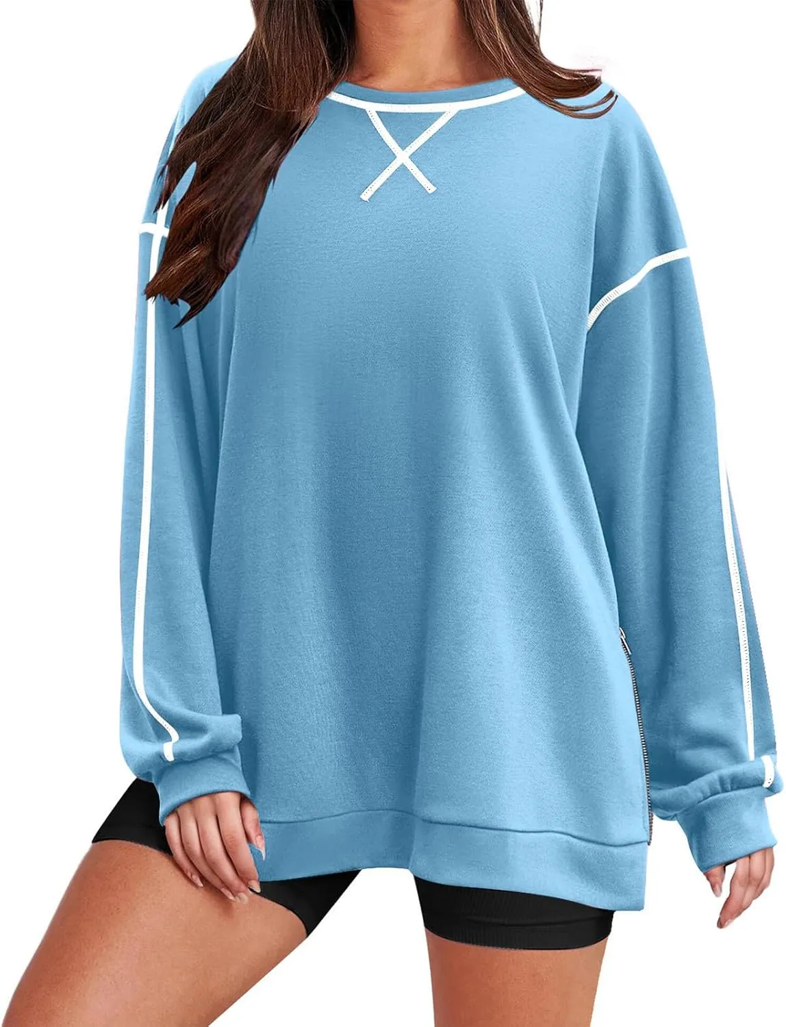Women's Side Zipper Oversize Sweatshirts Crewneck Pullover Trendy Solid Color Long Sleeve Casual Soft Sweatshirt Tops