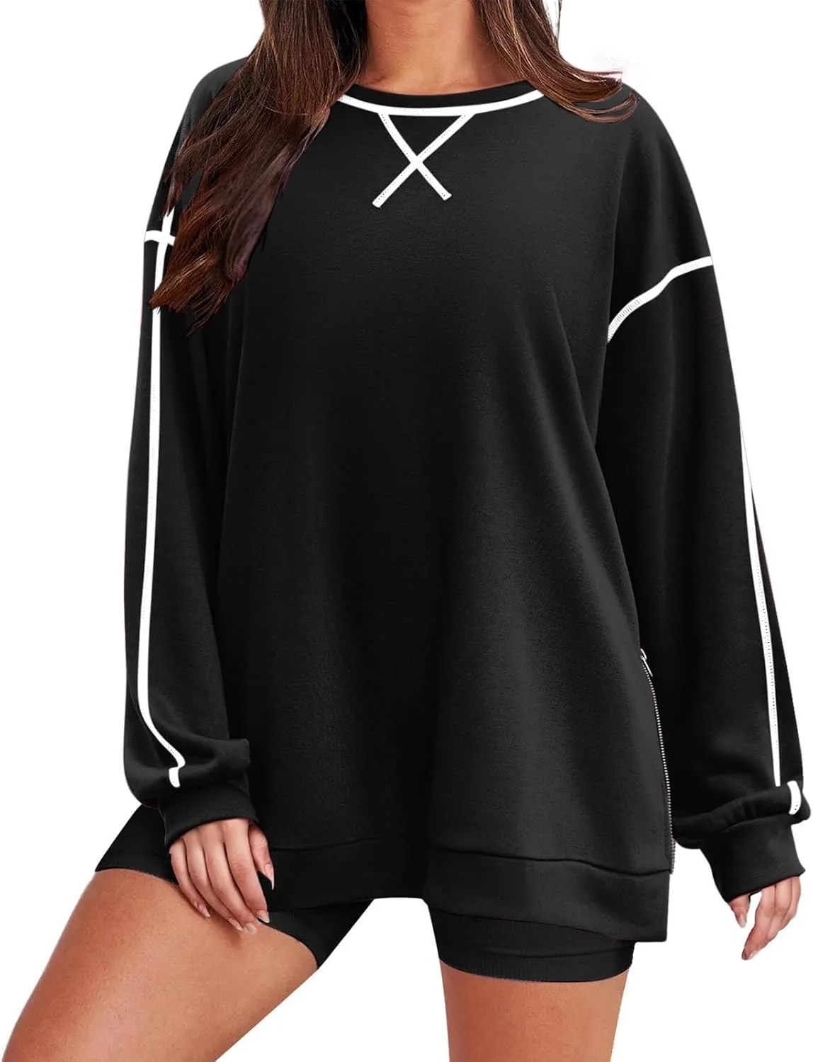 Women's Side Zipper Oversize Sweatshirts Crewneck Pullover Trendy Solid Color Long Sleeve Casual Soft Sweatshirt Tops