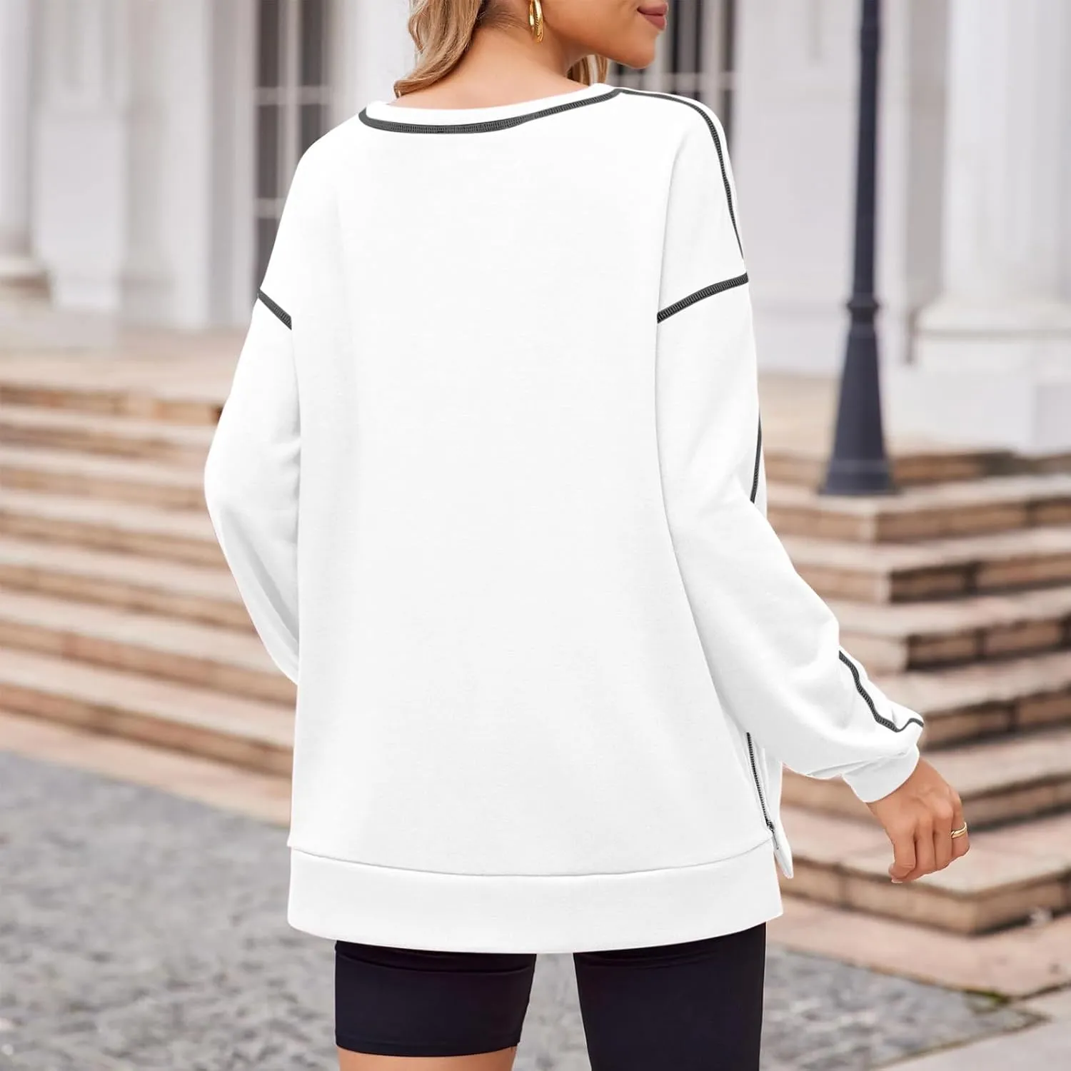 Women's Side Zipper Oversize Sweatshirts Crewneck Pullover Trendy Solid Color Long Sleeve Casual Soft Sweatshirt Tops